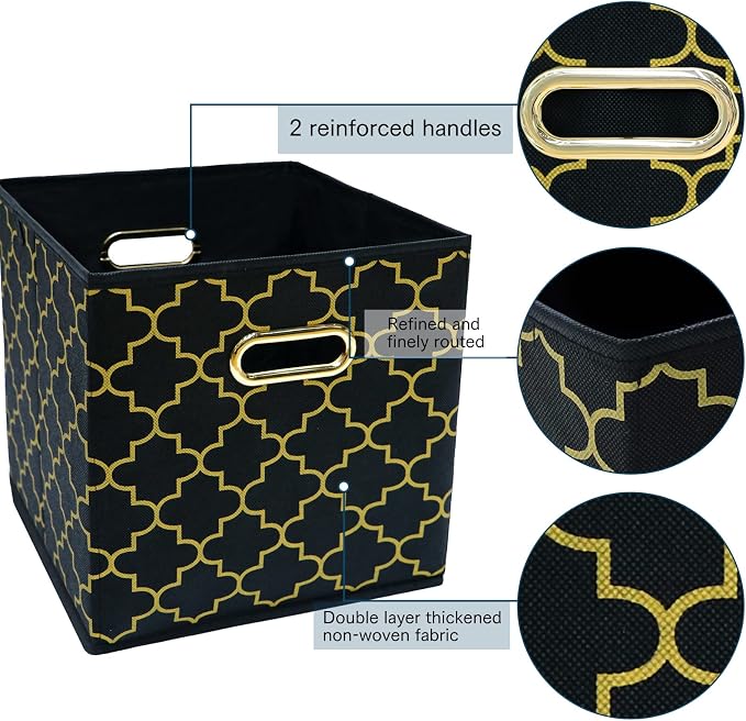 Fabric storage bins Cubes, Fabric Cube Organizer with Handle, Foldable Cube Bins for Cloth or Accessary Storage, 11x11x11, Set of 3, (Black Gold) - Image 7