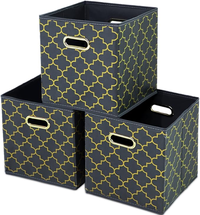 Fabric storage bins Cubes, Fabric Cube Organizer with Handle, Foldable Cube Bins for Cloth or Accessary Storage, 11x11x11, Set of 3, (Grey Gold) by Yunkeeper