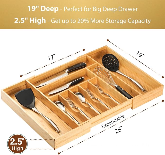 Extra Large Expandable Kitchen Siverware Utensils Drawer Organizer, 19" Deep for Big Drawer, Adjustable Bamboo Wood Drawer Divider with Curved Grooves, Cutlery Tray Flatware Holder - Image 2