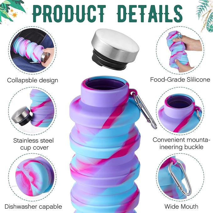 Lallisa 8 Pcs Collapsible Water Bottles Bulk, 17 oz Portable Reusable Silicone Water Bottle, Foldable Bottles for Travel Gym Camping Hiking, Leak Proof Sports Bottle with Carabiner(Mixed Colors) - Image 3
