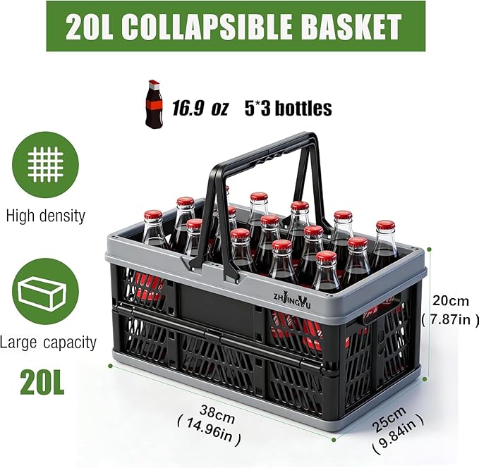 Foladable plastic baskets with handles 20L,collapsible crates for storage | 14.96"x9.84"x7.87" foldable shopping basket ,foldable crate with Handles for car Classroom Kitchen Bathroom Medicine Milk - Image 4