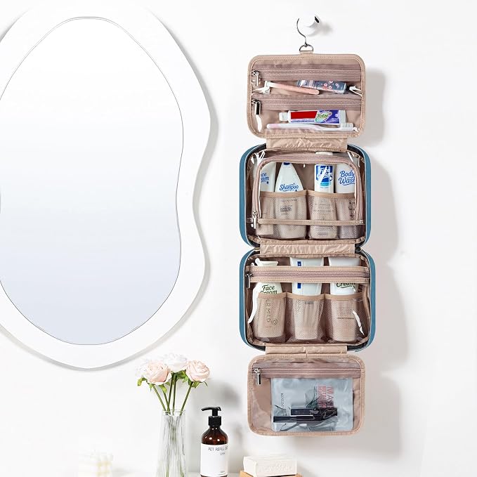 NISHEL Travel Toiletry Bag for women, Portable Hanging makeup Organizer | for Travel-Sized Shampoo, Conditioner, Brushes Set, makeup Accessories, Medium Size, Lake-Blue - Image 2