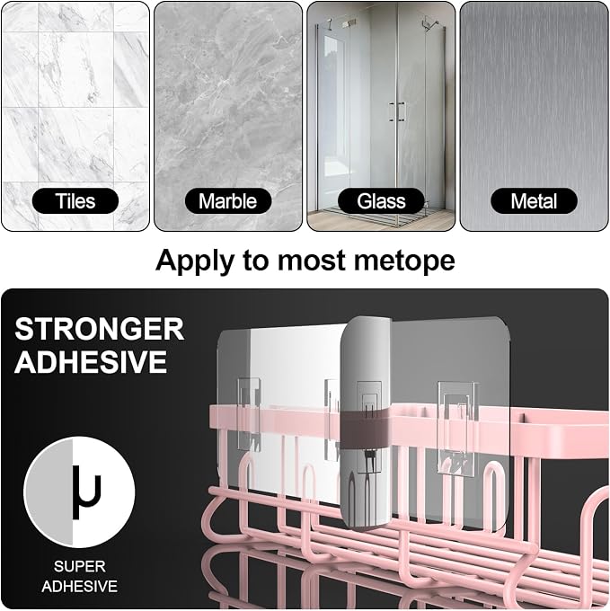 Getsrichfc Shower Caddy Adhesive, Rustproof Shower Shelves for Inside Shower, Large Capacity Bathroom Organizers and Storage, Shower Storage with Removable Hooks, No Drill Bathroom Accessories Pink - Image 7