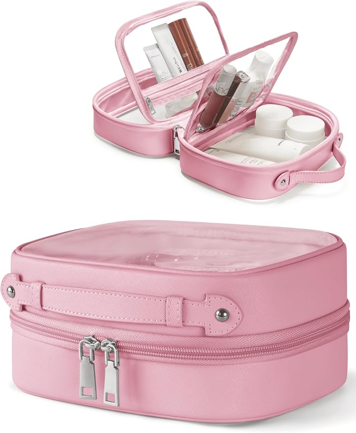 Clear Cosmetic Bag Double Layer Travel Toiletry Bag Clear Makeup Bag Case with 4 Compartments, Transparent Travel Bag for Toiletries, Large Toiletry Bag for Women Cosmetic Case (Pink, Small) by Oaque