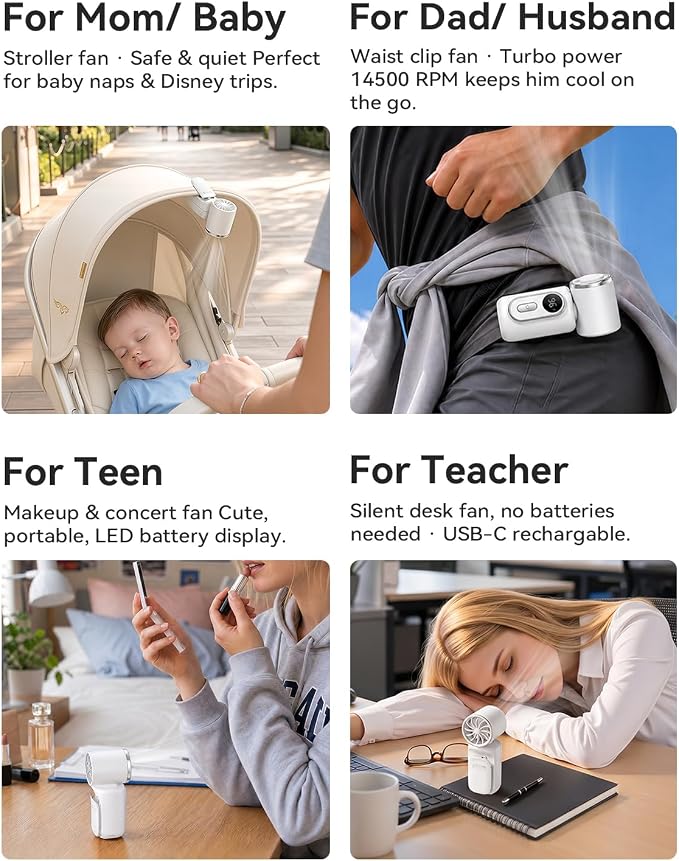 Mini Clip on Fan Handheld, 3000mAh Rechargeable Portable Fan with LED Display, 3-in-1 Personal Cooling Fan, 2 Speeds Quiet USB C Fan for Stroller Desk Travel Camping Office for Women Men Kids, White - Image 3