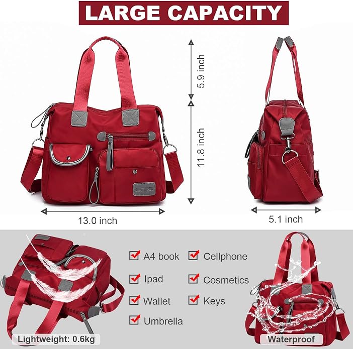 Tote Bag for Women,Multi Pockets Shoulder Handbag,Nurse Bag for Work,Large Cross body Purse,Fashion Nylon Top Handle Satchel - Image 6