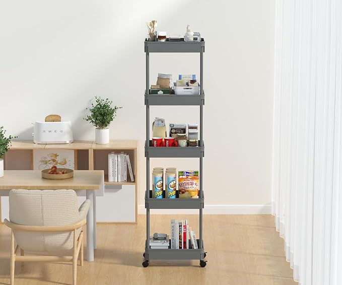 Sooyee 5-Tier Plastic Rolling Utility Cart with Wheels, Grey | Multi-Functional Storage Trolley for Office, Living Room, Kitchen, Movable Storage Organizer with Wheels - Image 6