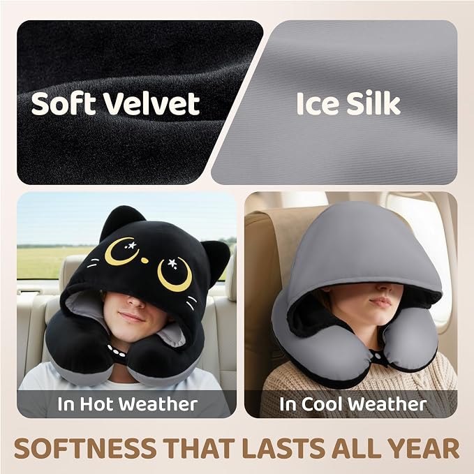 Mewaii Travel Neck Pillow, Airplane Pillow with Hood, Memory Foam, Gray | Neck Support, Reversible, Adjustable Strap, Washable Cover, Cat-Ear Hood, Storage Bag, for Flights, Adults & Teens - Image 5