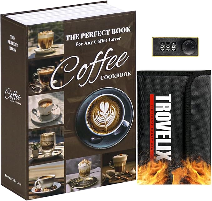 Book Safe with Combination Lock, Hidden Safe (9.5 x 6.2 x 2.2 Inch) with Fireproof Bag, Secret Diversion Safe, Hollow Book Box Hidden Storage, Money Safe Box for Cash (COFFEE) by KOFAIR