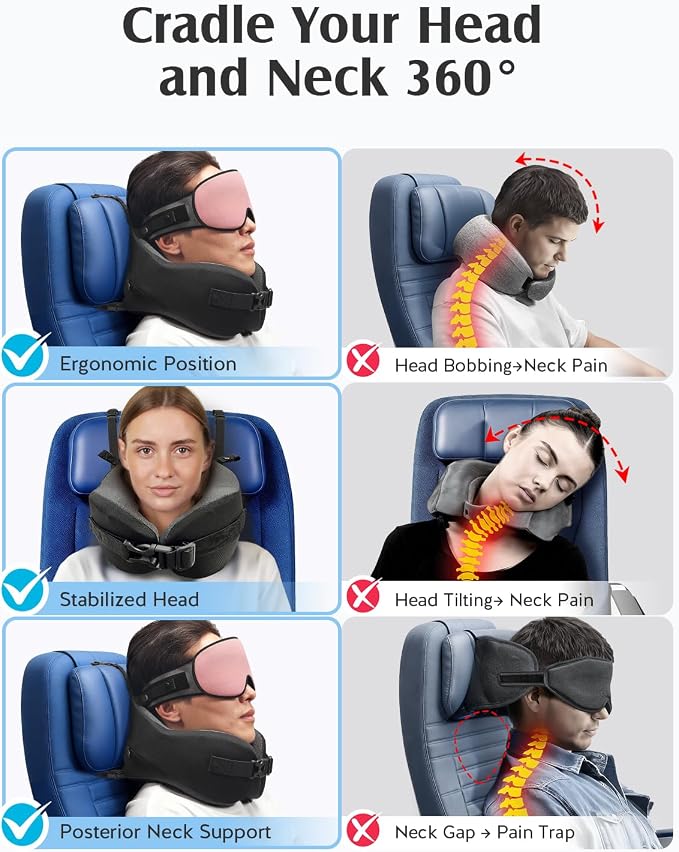 YFONG Travel Pillow with Head Support & Sleep Mask for Long Flights, Pink | Patented 360° Support System, Prevents Bobbing, Airplane Head Strap, 3D Eye Mask, Memory Foam Neck Pillow, Travel Essential - Image 4