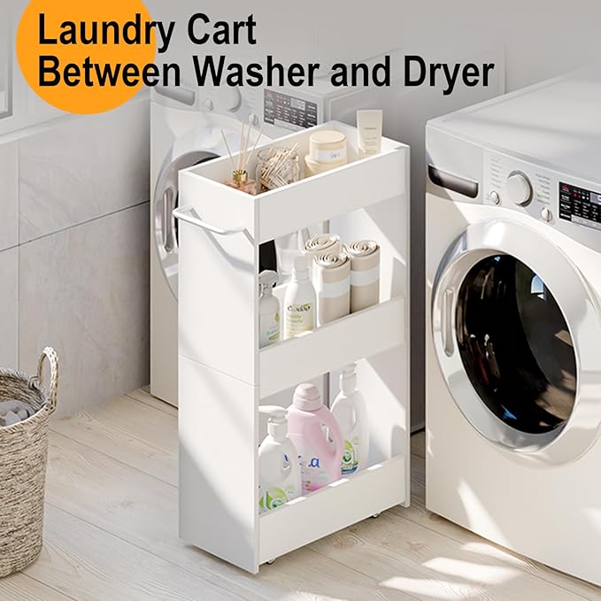 MARTY Slim Rolling Storage Cart 7.9" W Laundry Cart with Wheels,Wood, White | Narrow Utility Cart Between Washer and Dryer, 3 Tier Mobile Shelving Unit for Kitchen, Laundry, Bathroom, Office, Living Room - Image 3