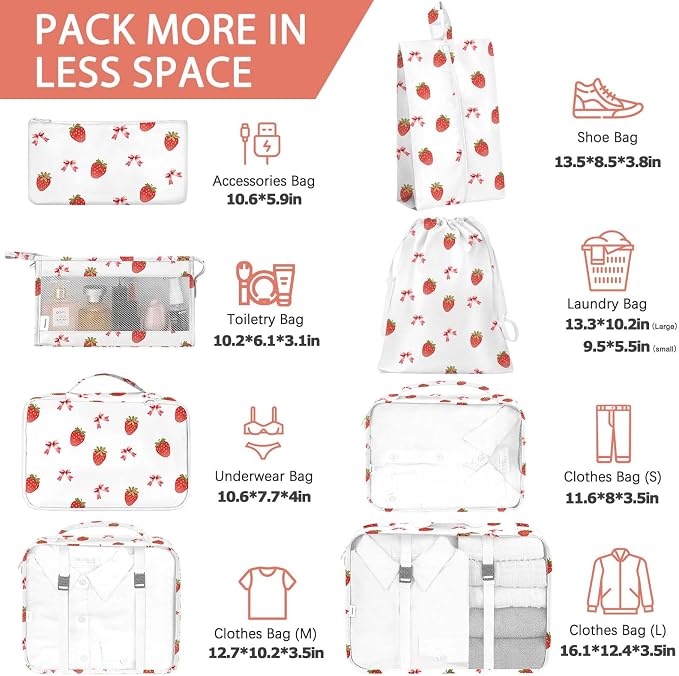 KPX 8 Set Packing Cubes for Travel, Luggage Packing Organizers Accessories Large Toiletries Bag for Clothes Shoes Cosmetics (Strawberry+Butterfly) - Image 2