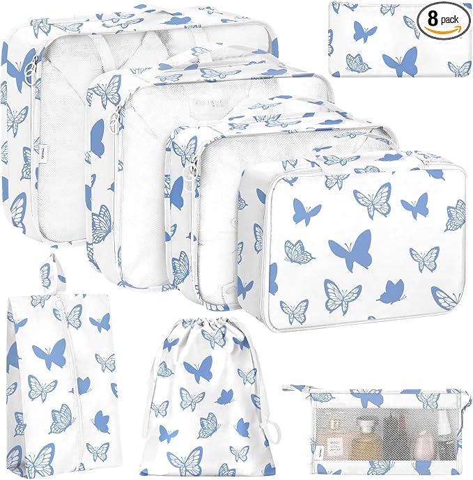 KPX 8 Set Packing Cubes for Travel, Luggage Packing Organizers Accessories Large Toiletries Bag for Clothes Shoes Cosmetics (8Set-Butterfly) by KPX
