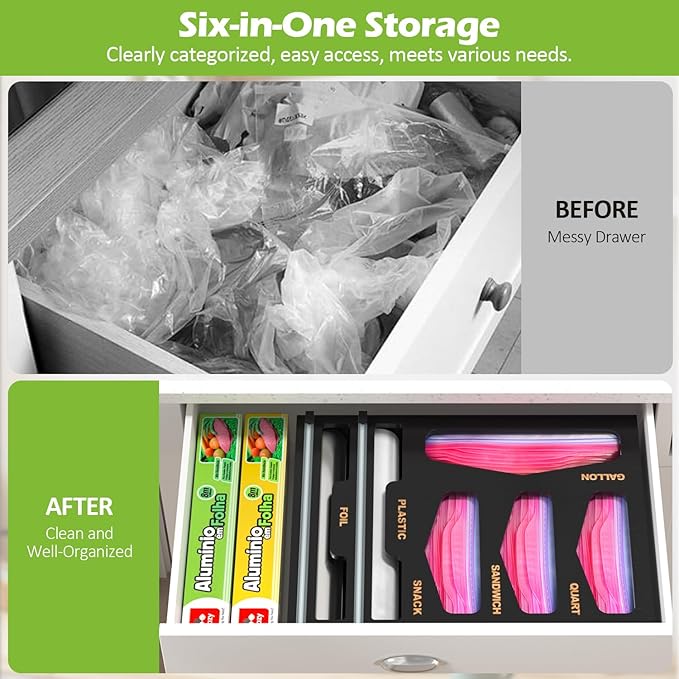 6 in 1 Bag Organizer and Wrap Dispenser with Magnetic Lid - Plastic Wrap Dispenser with Cutter for Kitchen Drawer, Storage for Gallon, Quart, Sandwich, Snack Bags, and Foil Black - Image 4