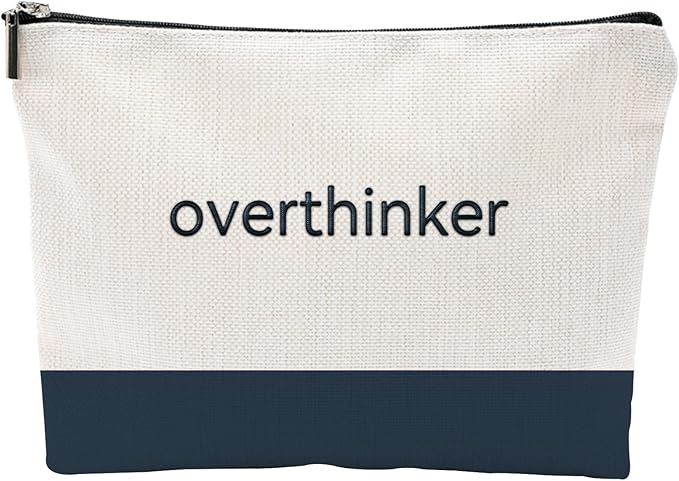 Funny Makeup Bag for Women - overthinker Relatable Quote Pouch - Minimalist Navy Blue Color Block Canvas Cosmetic Organizer - Unique Gift for Best Friend, Introverts & Mental Health Awareness by ZUYUROU