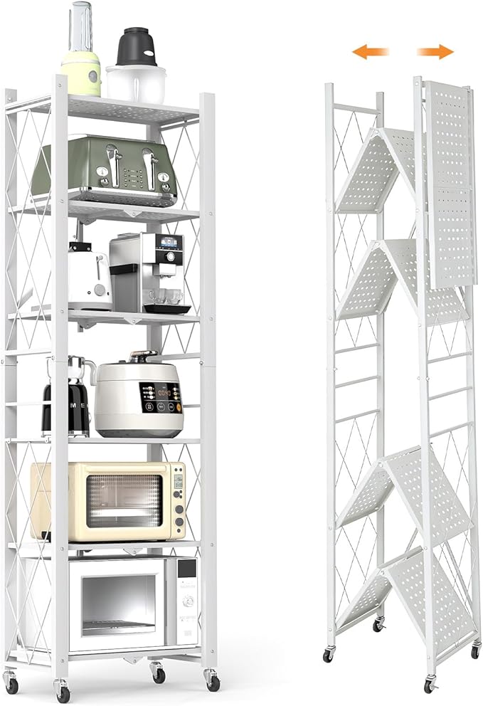 6-Tier Foldable Storage Shelves with Wheels, Folding Metal Shelf Unit | Folding Bookshelf no Assembly, Collapsible Shelves for Craft Shows for Kitchen, Bedroom, Living Room, White by YUANJIMI