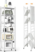 6-Tier Foldable Storage Shelves with Wheels, Folding Metal Shelf Unit | Folding Bookshelf no Assembly, Collapsible Shelves for Craft Shows for Kitchen, Bedroom, Living Room, White by YUANJIMI