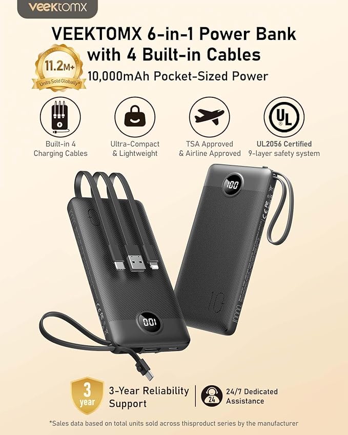 VEEKTOMX 10000mAh Portable Charger with 4 Built-in Cables | Slim Power Bank, USB-C Battery Pack with iPhone & Micro USB, TSA Approved Travel Charger for iPhone, Samsung, Android, Black - Image 2