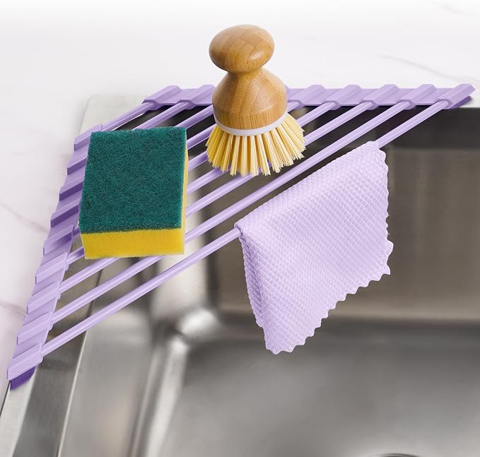 Tomorotec Triangle Roll Up Dish Drying Rack with Silicone Coating, Purple | 304 Stainless Steel with BPA-Free Silicone, Triangle Design Maximizes Sink Corner Space, Fits Compact Kitchens And RVs by Tomorotec