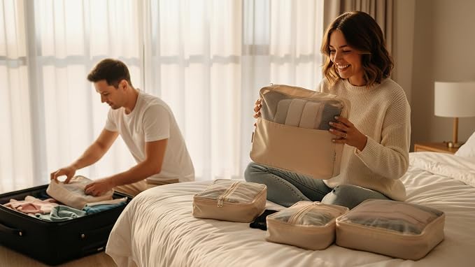 6 Set Travel Packing Cubes, Water-Repellent Nylon Luggage Organizer Bags for Suitcase, Carry-on, Home Storage, Lightweight and Durable (6, Beige, Sollid) - Image 4