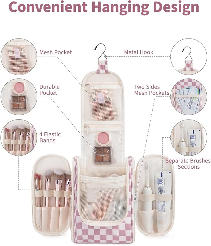 Narwey Small Checkered Hanging Travel Toiletry Bag for Women, Travel Bag for Toiletries, Makeup Bag Organizer Cosmetic Bags Make Up Bags for Women (Dusty Rose Checkerboard) - Image 2