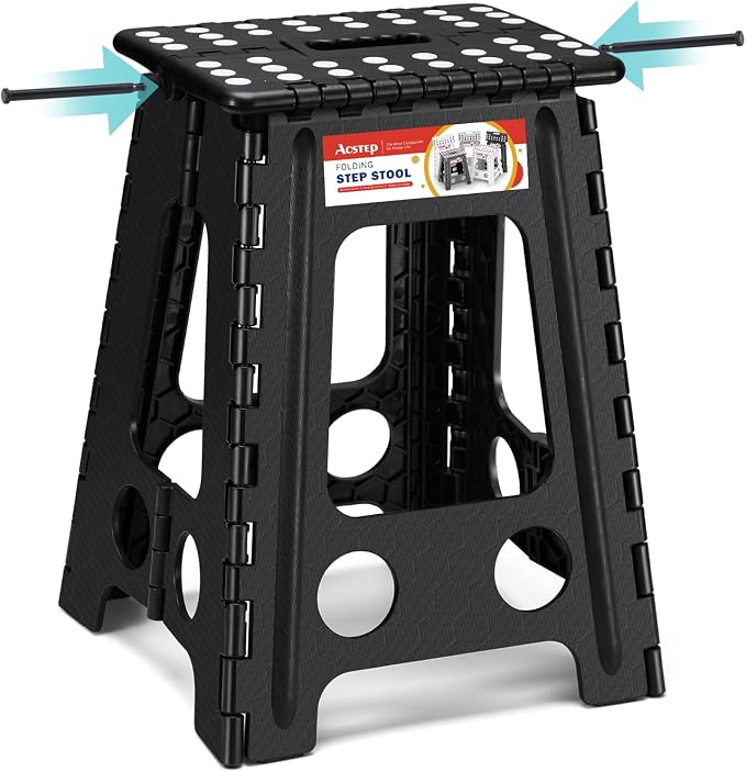 17.5 Inch Heavy Duty Folding Step Stool for Adults, 400 lbs, Black | Collapsible Stepping Stool for Adults with Handle and Non-Slip Surface, for Kitchen, Garage, Bedroom and Outdoor Tasks by ACSTEP