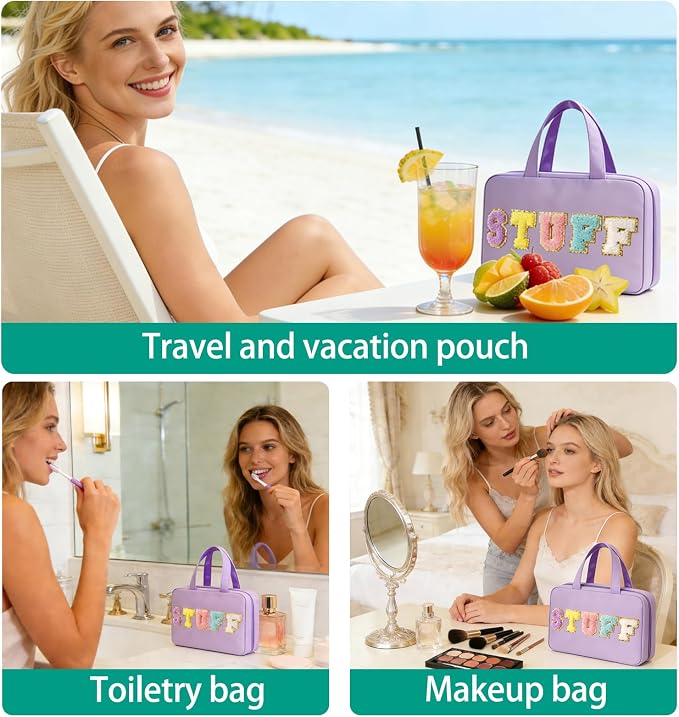 Toiletry Bag for Women Chenille Letter Makeup Bag Water-resistant Cosmetic Bag Travel Bag with Hanging Hook Preppy for Store Toiletries Cosmetic Accessories Medium Purple - Image 6
