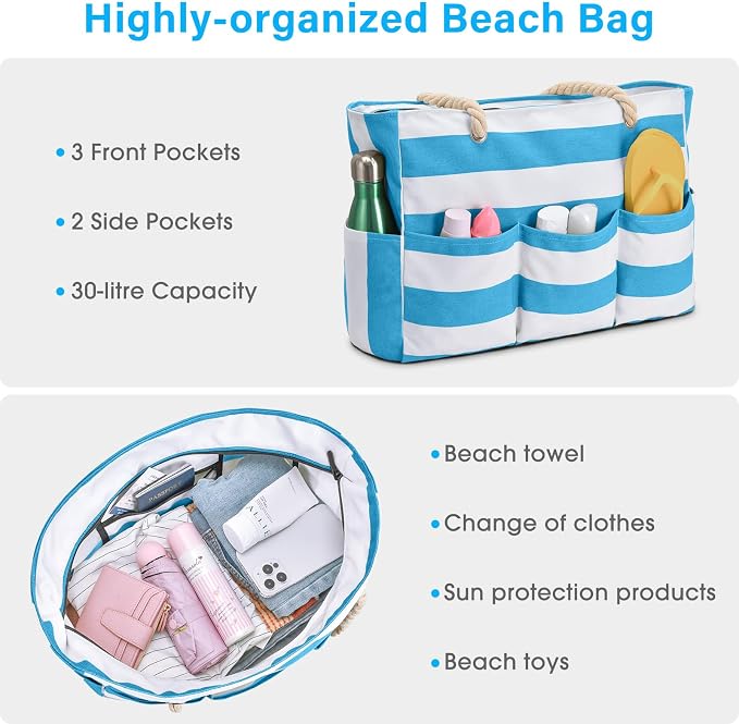 Becokan Beach Bags for Women Canvas Large Beach Tote Bag Zipper Waterproof Sandproof Foldable Swim Pool Bag with 7 Pockets - Image 7