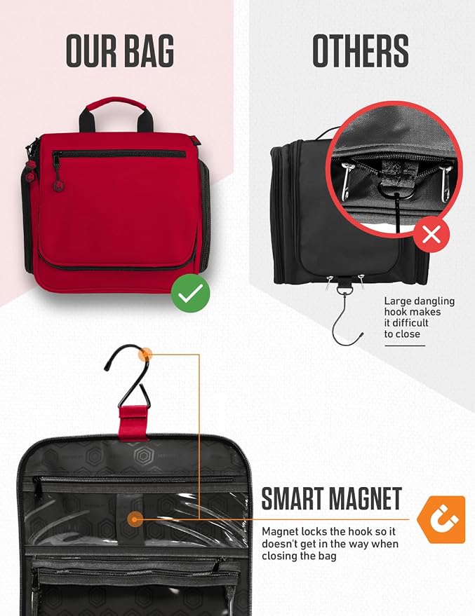 VENTURE 4TH Hanging Travel Toiletry Bag, 18 Compartments - Red | Hangs on rails, hooks or doors; stands upright. Removable TSA pouch. Water-resistant Nylon 290D Twill, reinforced stitching. - Image 6