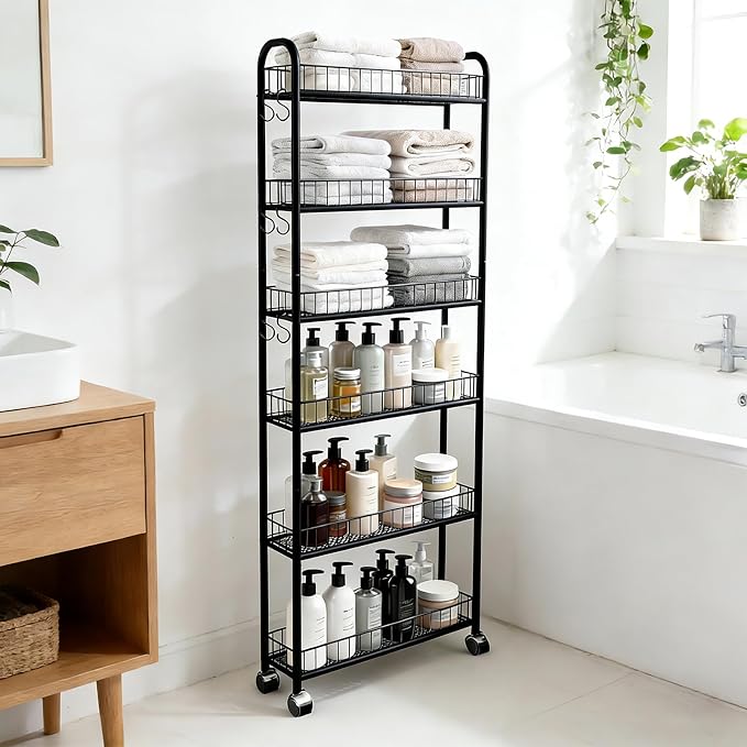 6in 6 Tier Slim Storage Cart with Wheels, Narrow Space Rolling Shelving Unit, Metal Wire Mobile Organizer Rack for Kitchen Bathroom Office Laundry - Image 4