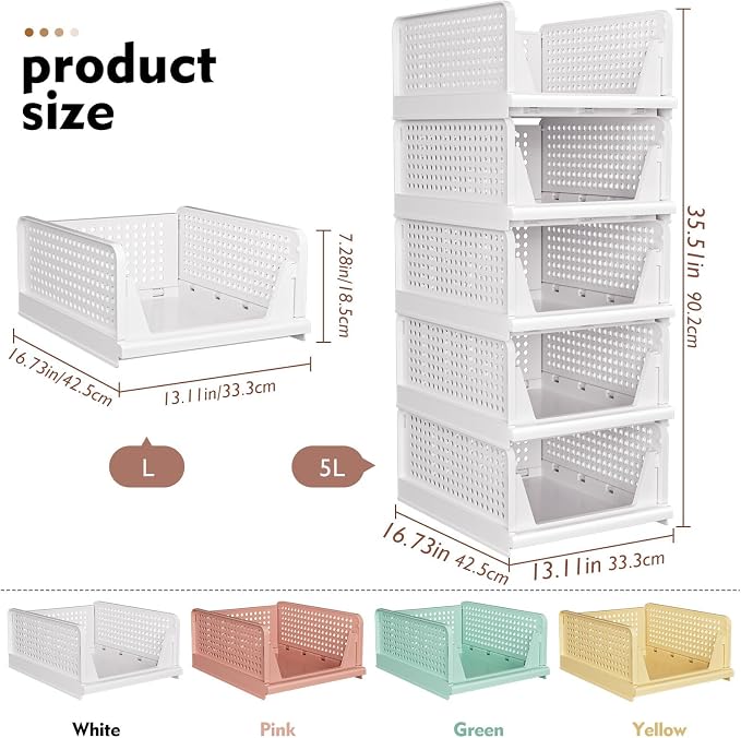 Upgraded Closet Organizers and Storage, Stackable Closet Organizer Basket | 5 Pack Foldable Closet Storage Bins for Bathroom Laundry Room Wardrobe Storage, Space-Saving Clothes Drawer Organizer - Image 2