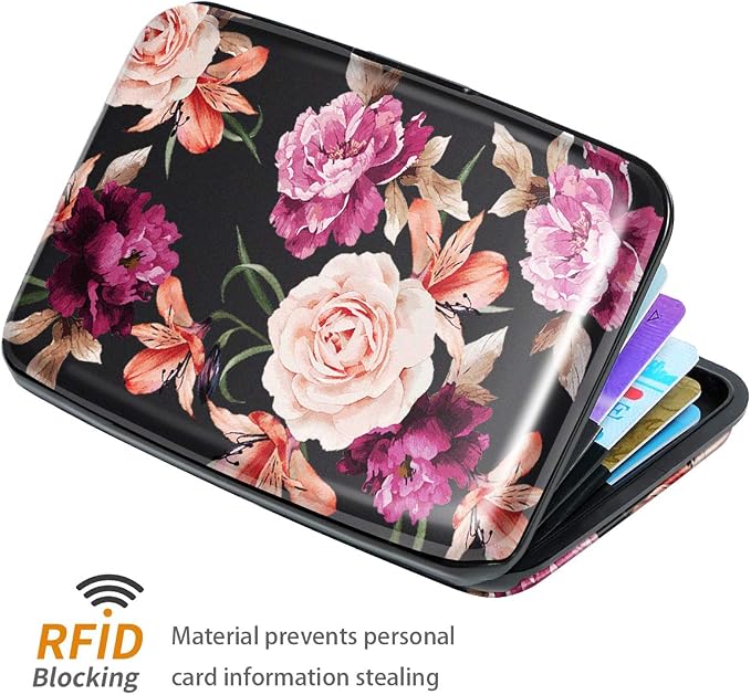 Mini Credit Card Holder for Women,RFID Blocking Slim Hard Card Case ID Case Travel Wallet Black Rose Flowers - Image 2