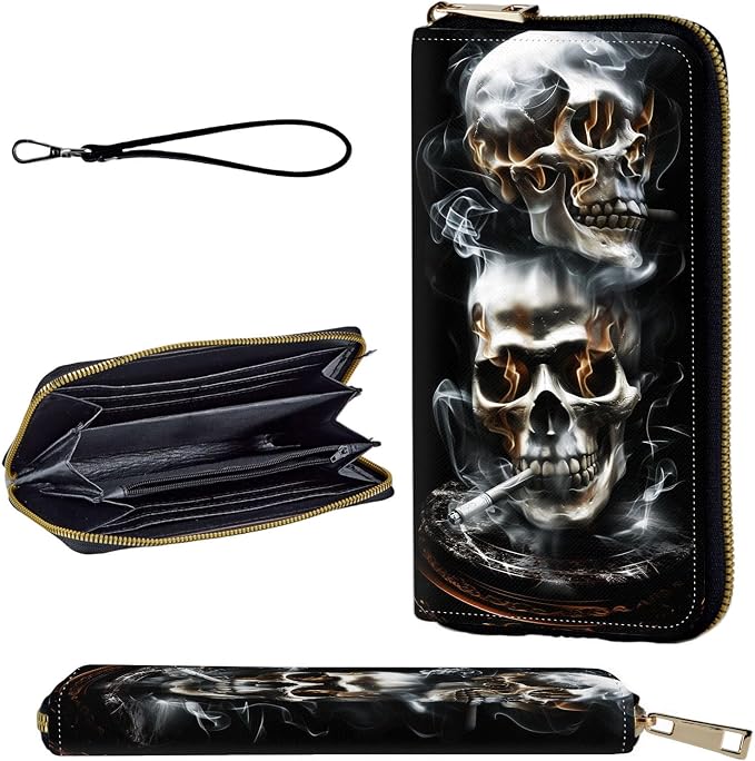 Wallet,Leather Long Wallet Suitable For Ladies And Teenagers - Detachable Wristband + RFID Travel Wallet With Card Slot - Smoking Skull by Unknown
