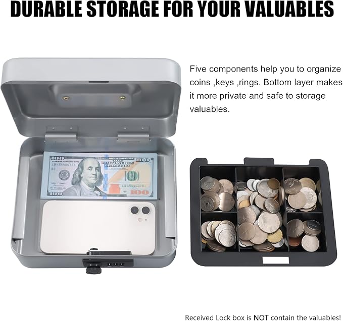 KYODOLED Cash Box with Combination Lock,Safe Metal Box for Money,Storage Lock Box with Money Tray,7.87"x 6.30"x 3.54" Lightgrey Medium - Image 4