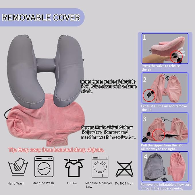 H-Shaped Travel Pillow with Snap-On Hood – Ergonomic Neck Support with Plush Velvet Cover, Instant Inflation & Compact Bag – for Airplane, Car, Office & Long Trips (Pink) - Image 6