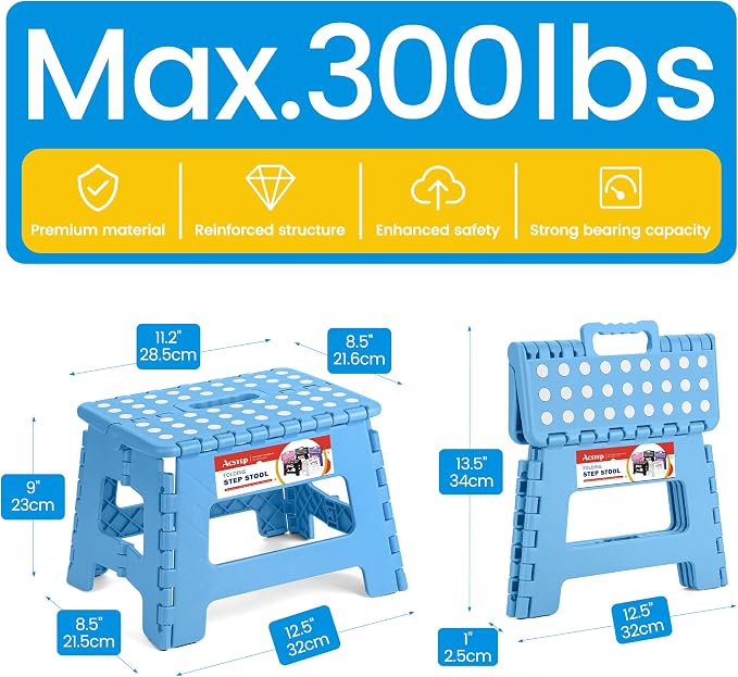 9 Inch Folding Step Stool for Kids and Adults, Holds 300 lb, Blue | Heavy Duty Foldable Stools, Lightweight, Non-Slip, for Toddler, for Kitchen Bathroom Bedroom Outdoor, Collapsible with Handle - Image 4