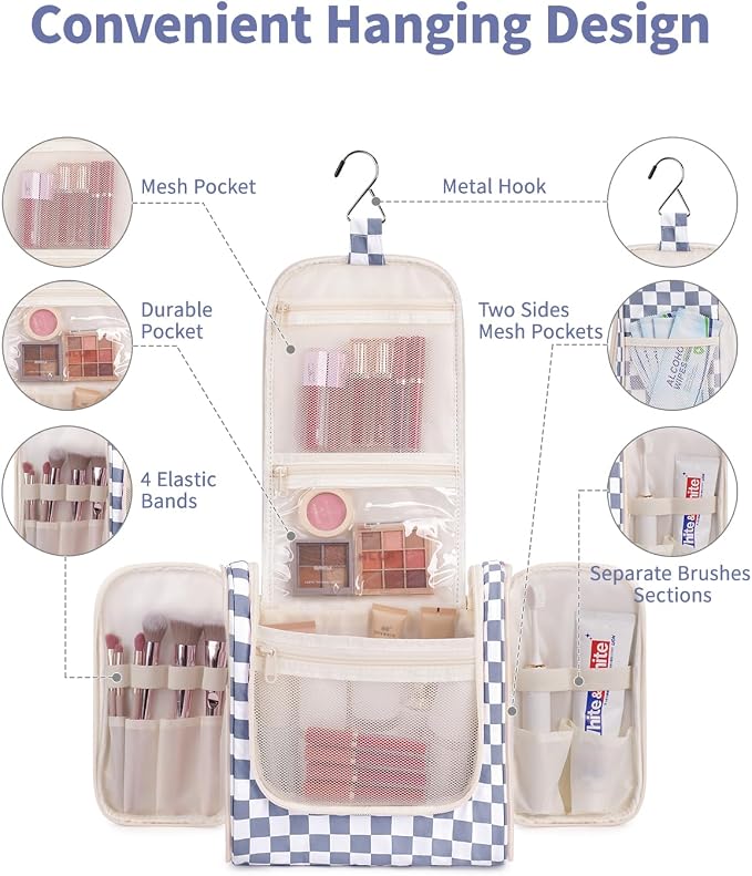 Narwey Checkered Hanging Travel Toiletry Bag for Women, Travel Bag for Toiletries, Makeup Bag Organizer Cosmetic Bags Make Up Bags for Women (Grayish Blue Checkerboard) - Image 4