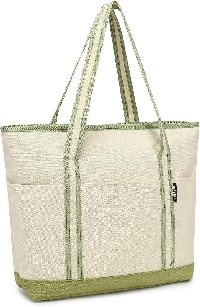 Large Canvas Tote Bag for Women, Beach Bag with Zipper, Utility Tote Bag with 3 Front Pockets, Weekender Pool Bag by CanvasToteBag