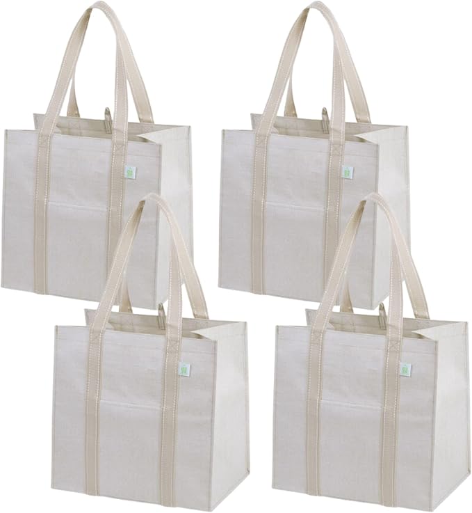 VENO 4 Pack Large Grocery Bag Reusable Shopping Bags with Hard Bottom | Utility Tote with Reinforced Handles, Heavy Duty, Foldable, Stand Upright, for Groceries Shopping Cart Storage(Beige, 4 Pack) by Veno