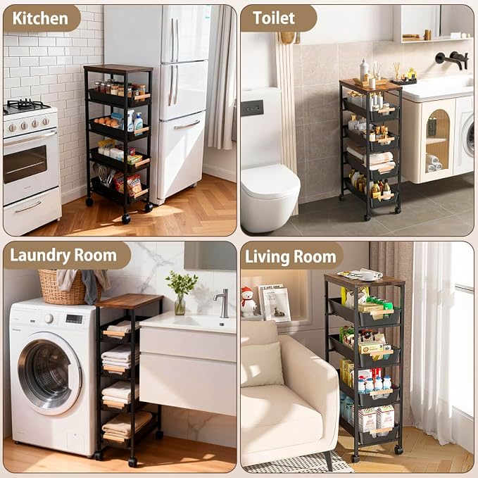 Slim Storage Cart with Wheels Pull-Out 5-Tier Rolling Storage Cart | narrow white 12.6in Wide, Mesh Baskets with Raised Edge, Wood-Grain Top, 360° Lockable Casters, Easy Assembly - Image 7