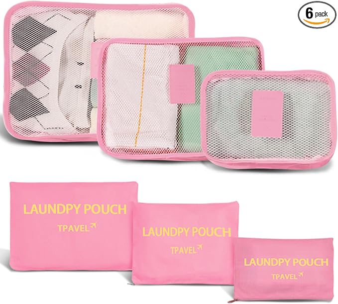 6 Set Packing Cubes for Travel Luggage Packing Bags Reusable Lightweight Suitcase Organizer Cubes Set for Travel Accessories (Pink) by INVODA