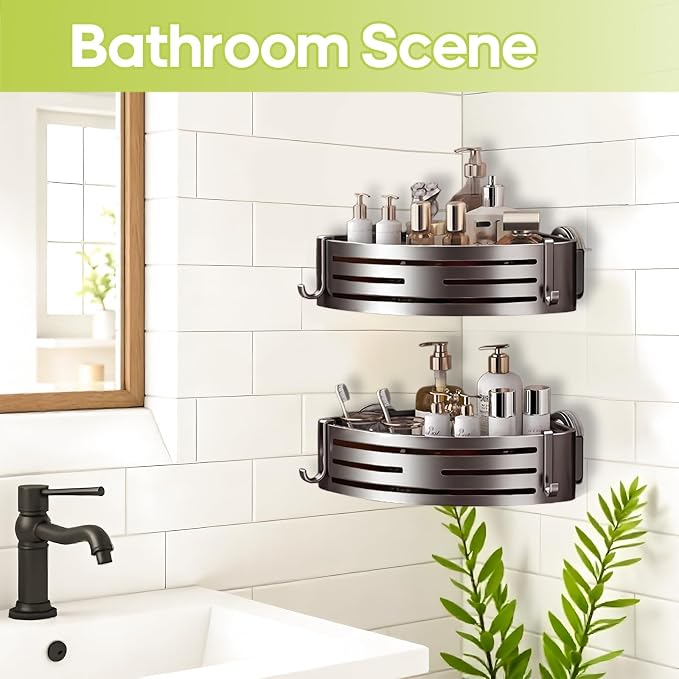 Corner Shower Caddy Suction Cup,Shower Shelves with Hooks,No Drilling Powerful Suction Bathroom Organizers and Storage,Removable Waterproof Rustproof Shower Bathroom Accessories Decor(Grey 1Pack) - Image 4