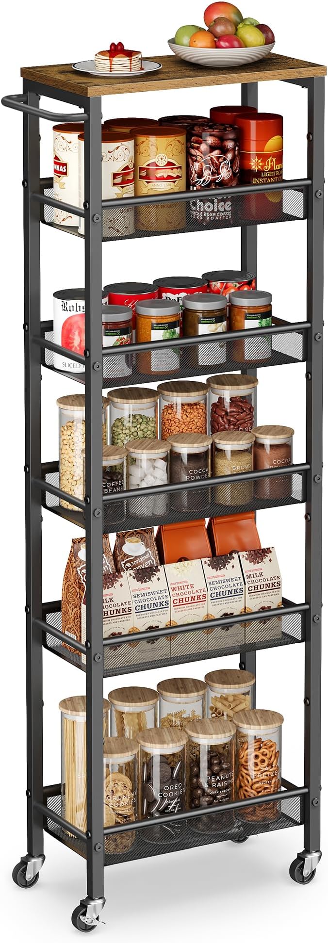 VASAGLE 6-Tier Slim Rolling Storage Cart, Narrow Kitchen Cart with Wheels, Utility Organizer, 17.9 x 8.7 x 51.7 Inch, for Bathroom Pantry, Rustic Brown and Matte Black, Dacey Collection ULRC039K101 by VASAGLEbySONGMICSHOME