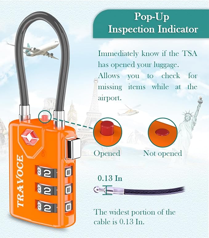 TSA Approved Luggage Locks, Combination Cable Locks, Orange 4 Pack | Search Alert shows TSA key access; resettable 3-digit code and flexible braided steel cable for suitcases and backpacks. - Image 6