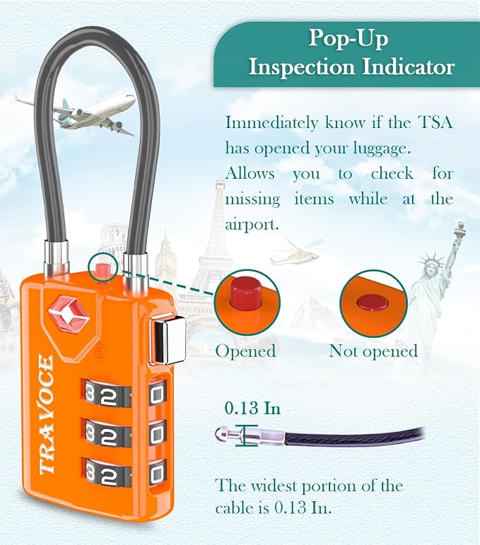 TSA Approved Luggage Locks, Combination Cable Locks, Orange 6 Pack | Search Alert shows TSA key access; resettable 3-digit code and flexible braided steel cable for suitcases and backpacks. - Image 3