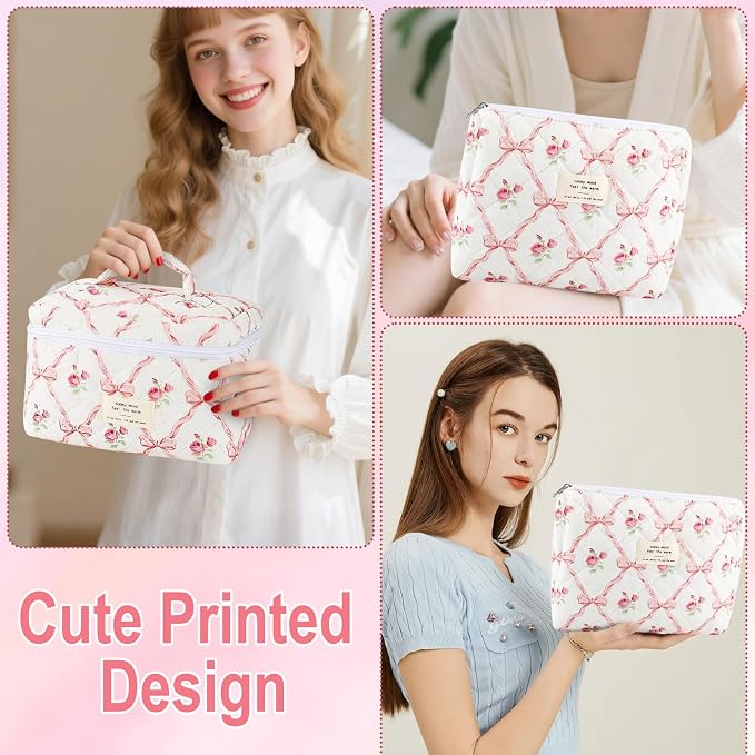 URSKYTOUS 2Pcs Cotton Quilted Makeup Bag for Women Girls Large Small Travel Floral Cosmetic Bags Set Cute Coquette Pink Makeup Pouch for Purse Aesthetic Cloth Flower Storage Toiletry Bag Organizer - Image 7