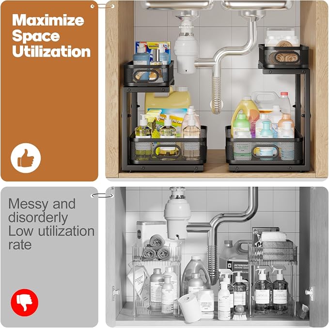 2 Pack 15.7IN-Depth Under Sink Organizer With Smooth Cylindrical Rail,2-Tier Pull Out Multi-Purpose Cabinet Storage for Bathroom&Kitchen,Height Adjustable,Rust-resistant Coating-Black - Image 5