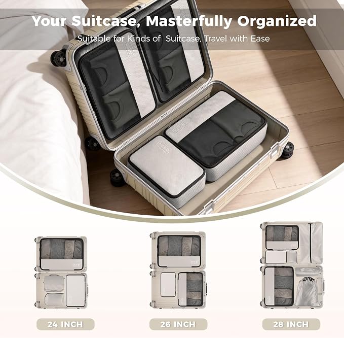 8-Piece Compression Packing Cubes for Travel, Luggage Organizer Sets | Ultralight Aesthetic Packing Cubes with Space Save & Double Zipper for Carry-On & Suitcase, Travel Essentials- Beige - Image 8