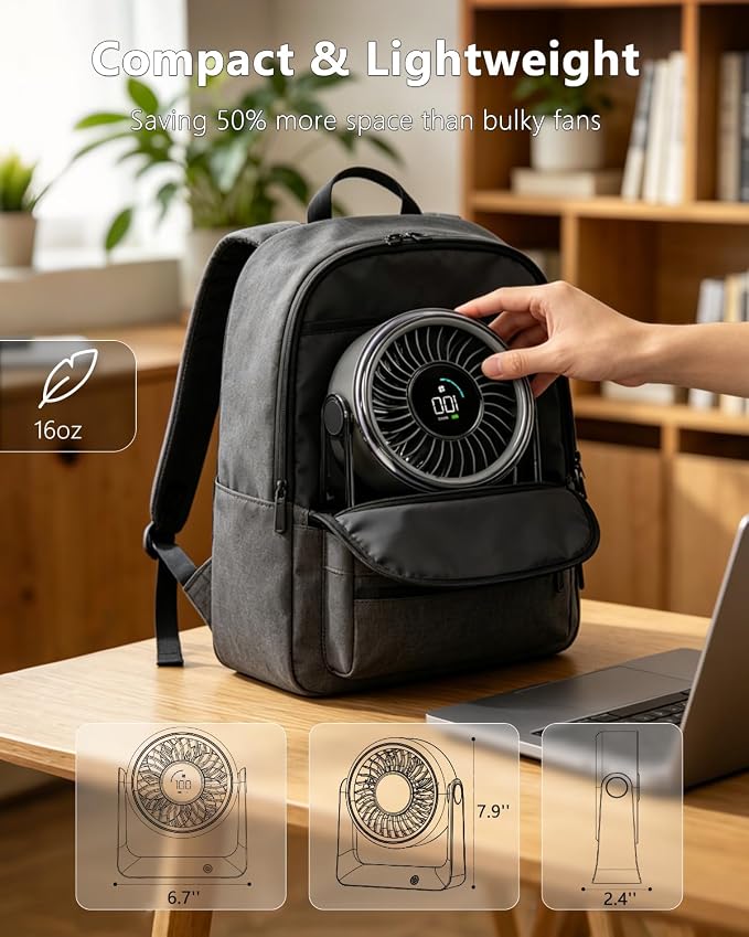 USB Small Quiet Desk Fan, Turbo Table Fan with Night Light, 6 Speeds Digital Display, 360° Rotation, 4000mAh Rechargeable Battery Air Circulator Desktop Fan for Bedroom Home Office, Black - Image 8