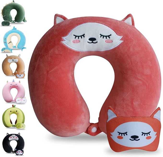 Sexysamba Cartoon Headrest & Neck Pillow for Kids Boys & Girls, Teens, Travel Accessories for Airplane, Car, Recline, Memory Foam Cute Travel Pillow with Sleep Eye Mask - Fox by Sexysamba